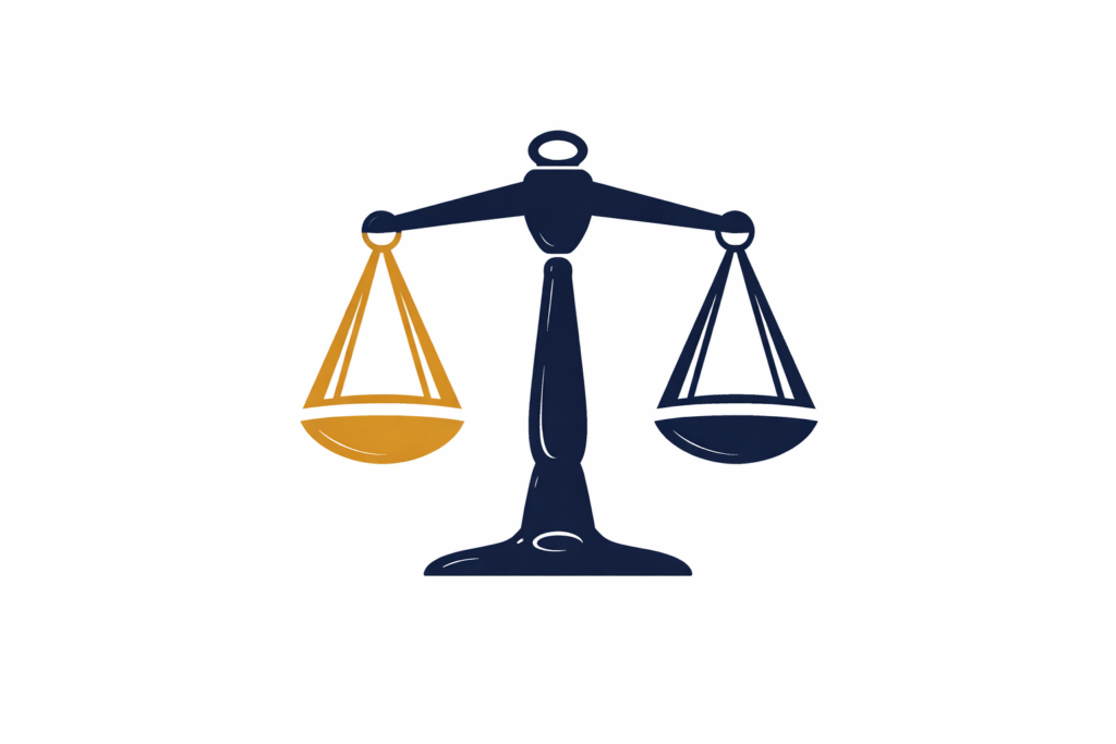 balanced scales of justice in navy and gold
